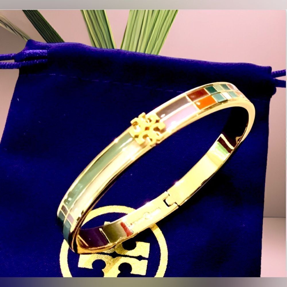 TORY BURCH MULTICOLORED LACQUERED ENAMEL LOGO BRACELET